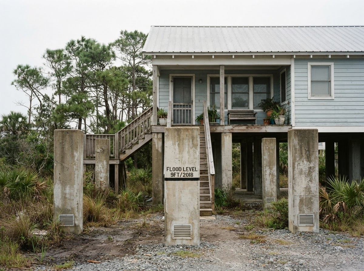 Coastal house elevated on sturdy concrete pilings with open ground below for drainage.
