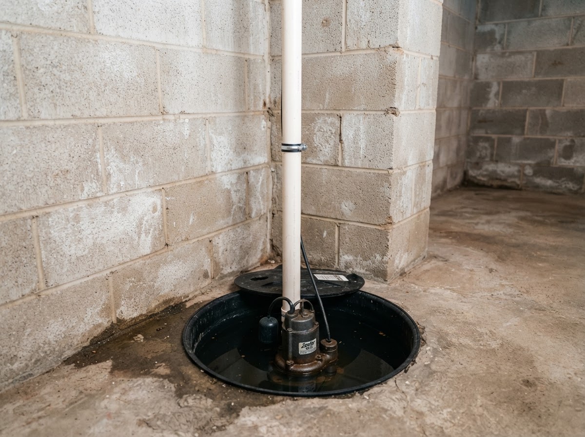 Interior basement sump pump installed in a concrete floor next to cinder block walls.