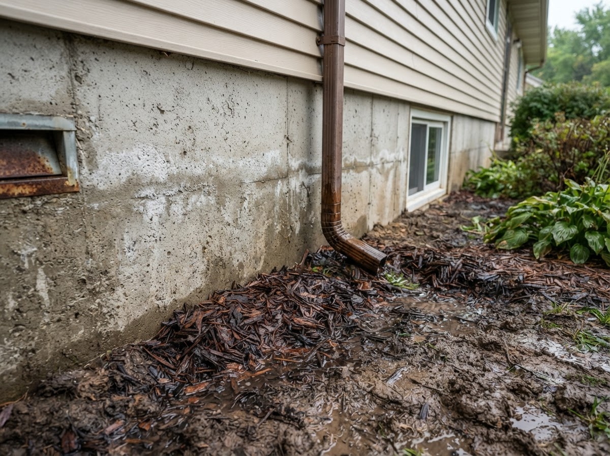 Concrete crawl space foundation of a home showing faint high water marks and wet soil along the exterior.