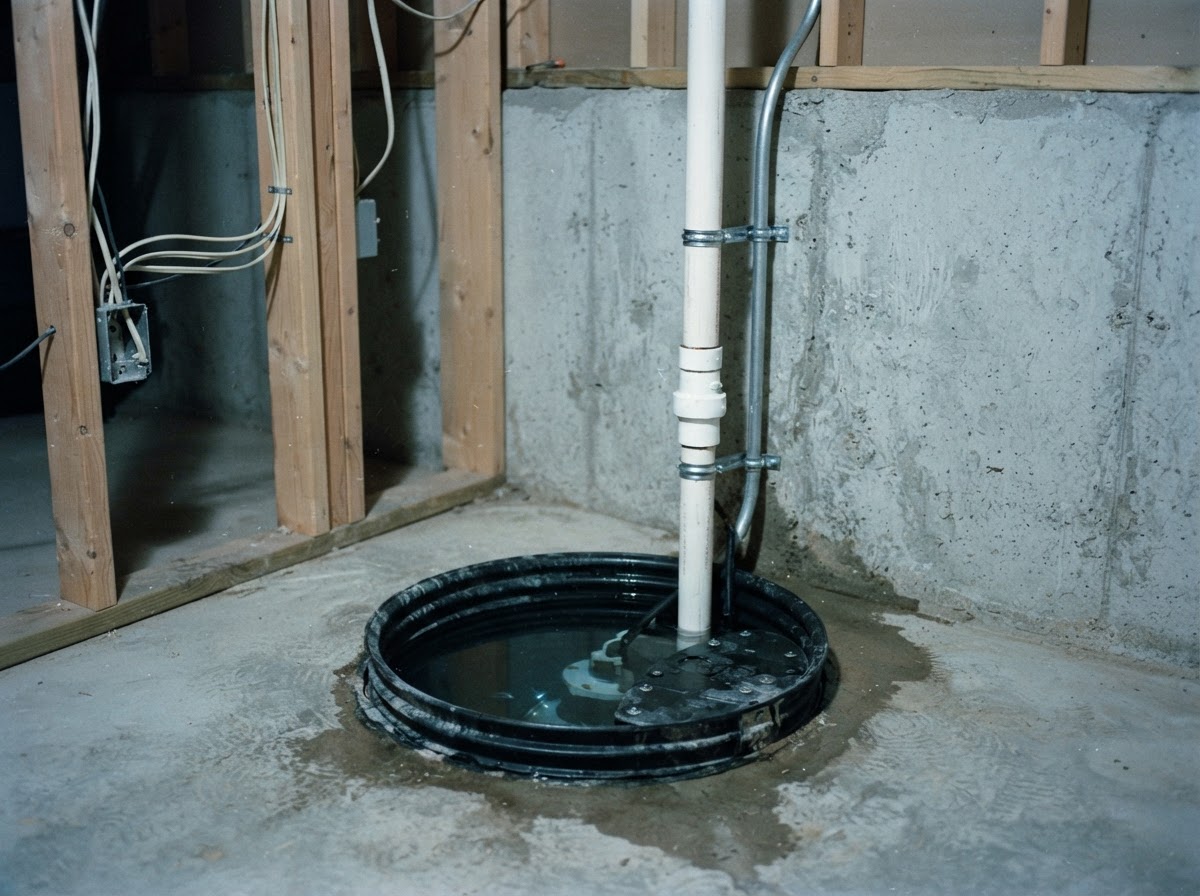 Mechanical sump pump installed in a black floor pit inside an unfinished concrete residential basement.