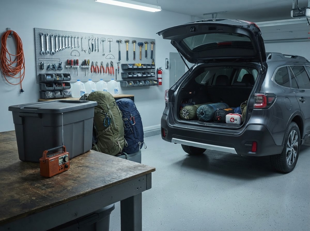 Emergency supplies including water jugs and packed backpacks organized on a garage workbench.