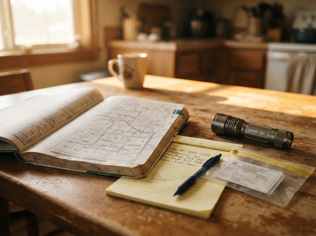Paper road map and handwritten contact list laid out on a kitchen table beside a flashlight.