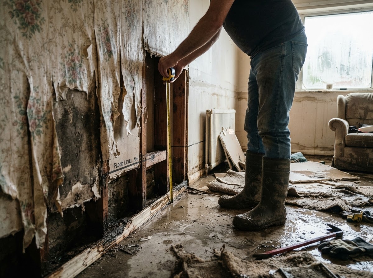 Homeowner wearing work boots measuring a flood line on stripped drywall inside a damaged living room.