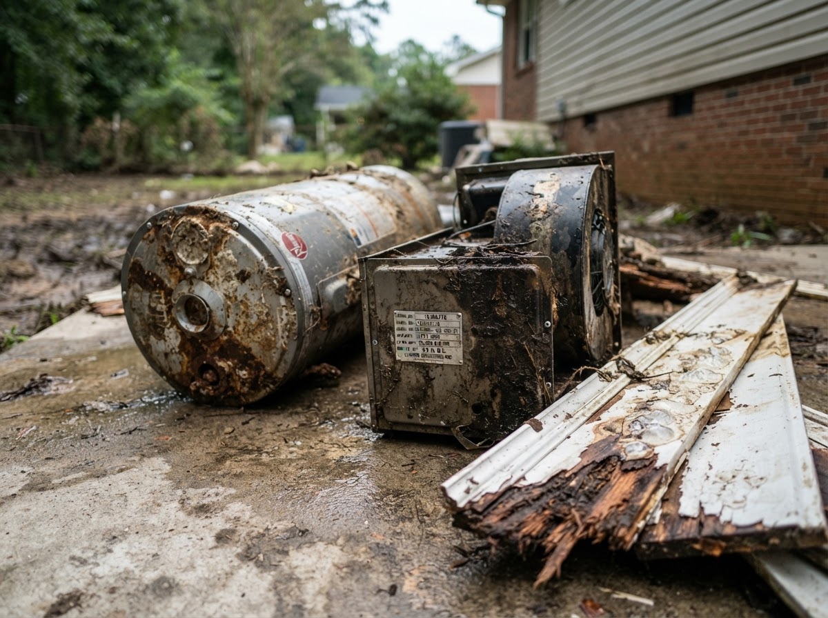 Damaged home appliances and mechanical equipment arranged on a patio with visible serial numbers after a flood.