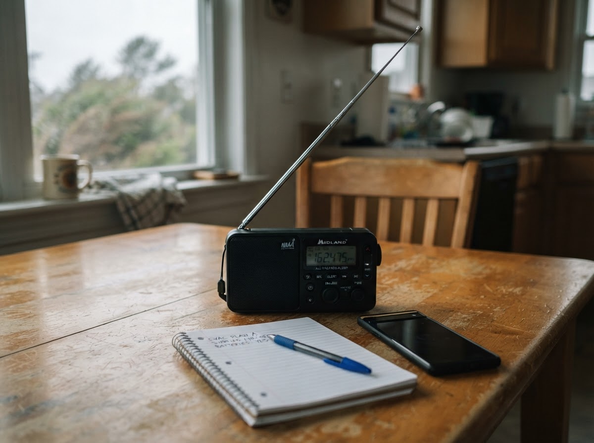 Emergency weather radio with antenna extended resting on an everyday kitchen table next to a smartphone.