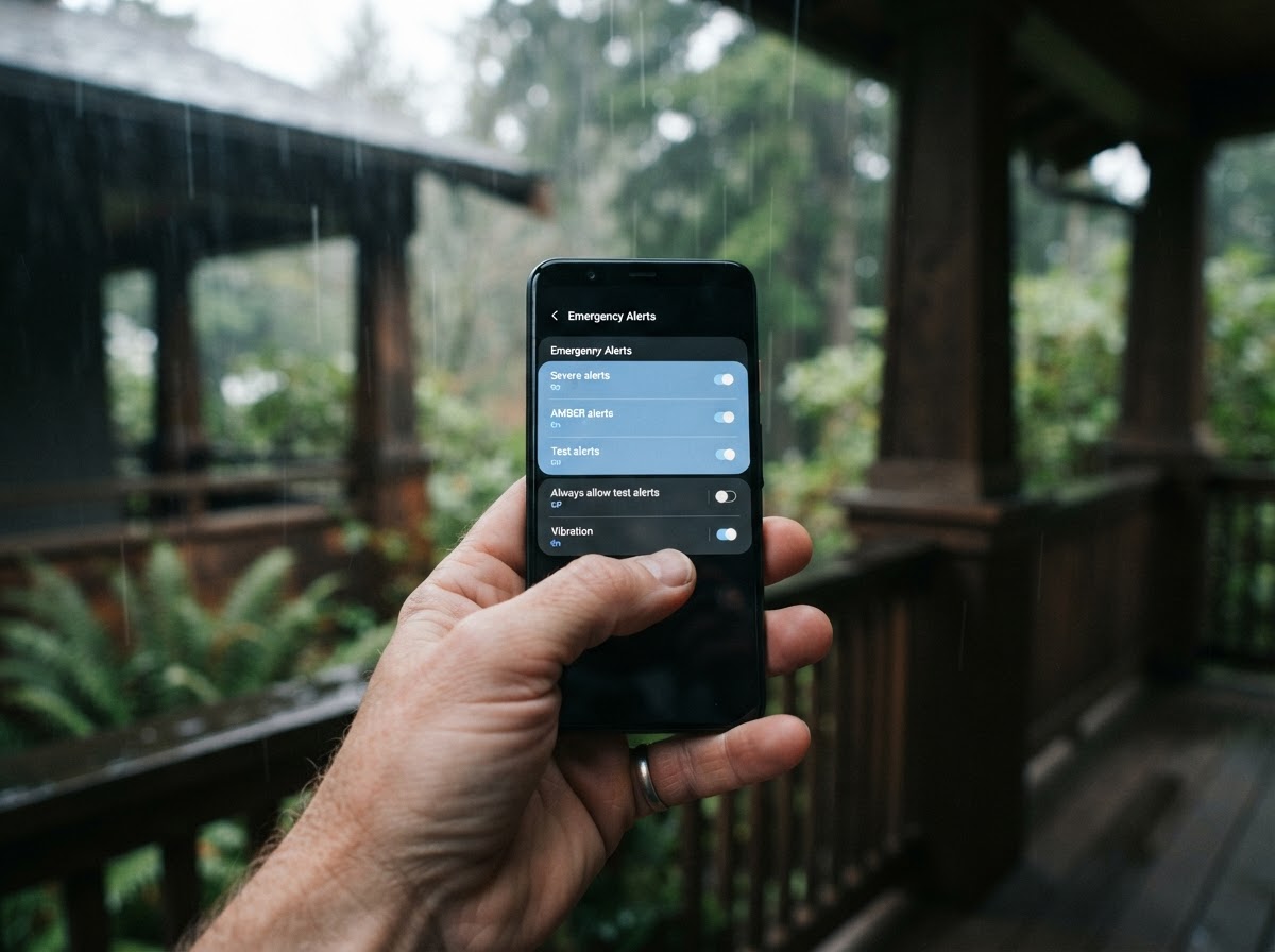 Close-up of a person holding a phone showing emergency notification settings turned on while standing on a porch.
