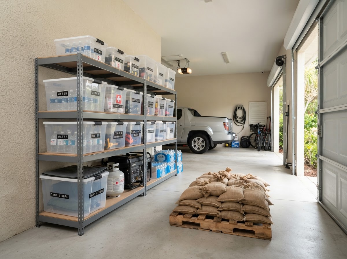 Organized garage storage with water, emergency supply totes, and sandbags staged for storm season.