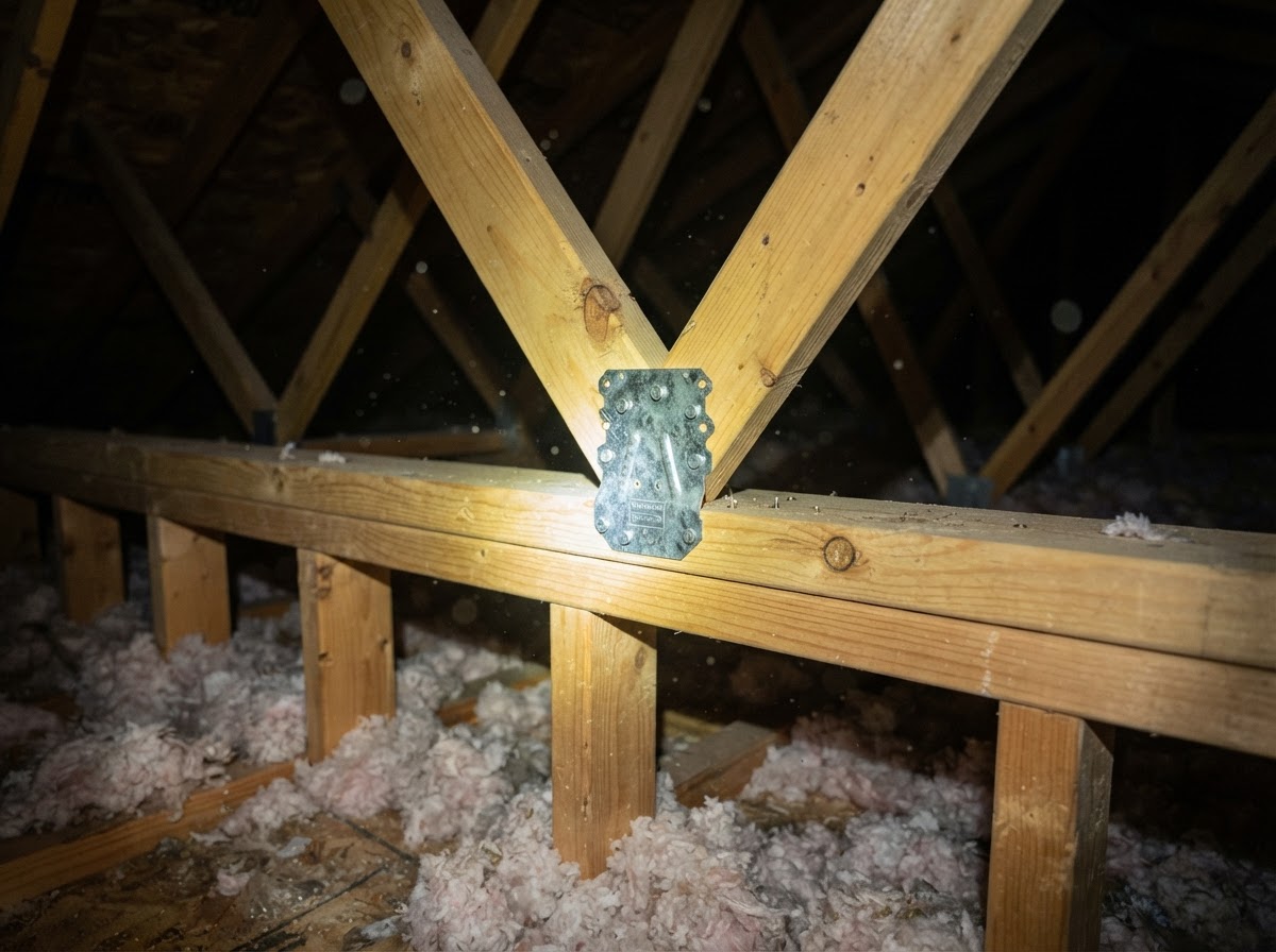 Galvanized steel hurricane tie connecting a roof truss to the wall frame in a residential attic.