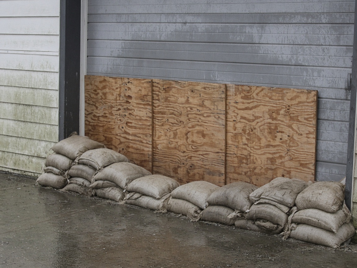 Plywood and sandbags stacked against a coastal garage door before a hurricane