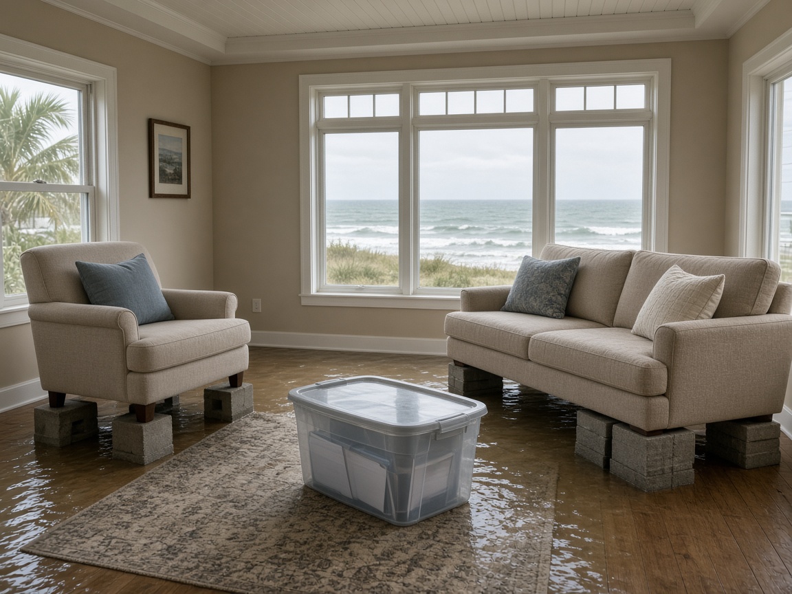 Furniture raised onto blocks and papers stored in a waterproof bin