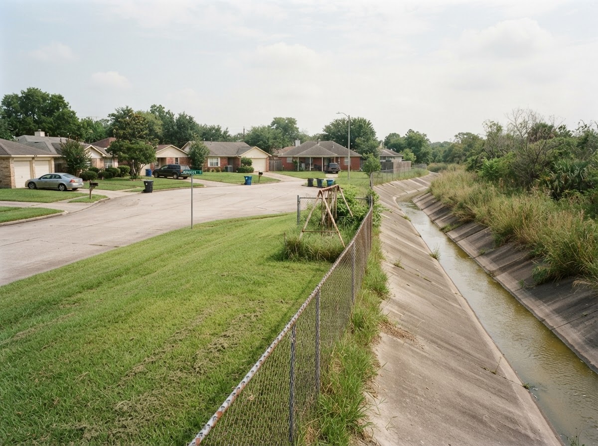 Suburban backyard and patio separated by a chain-link fence from a large neighborhood drainage bayou in Houston.