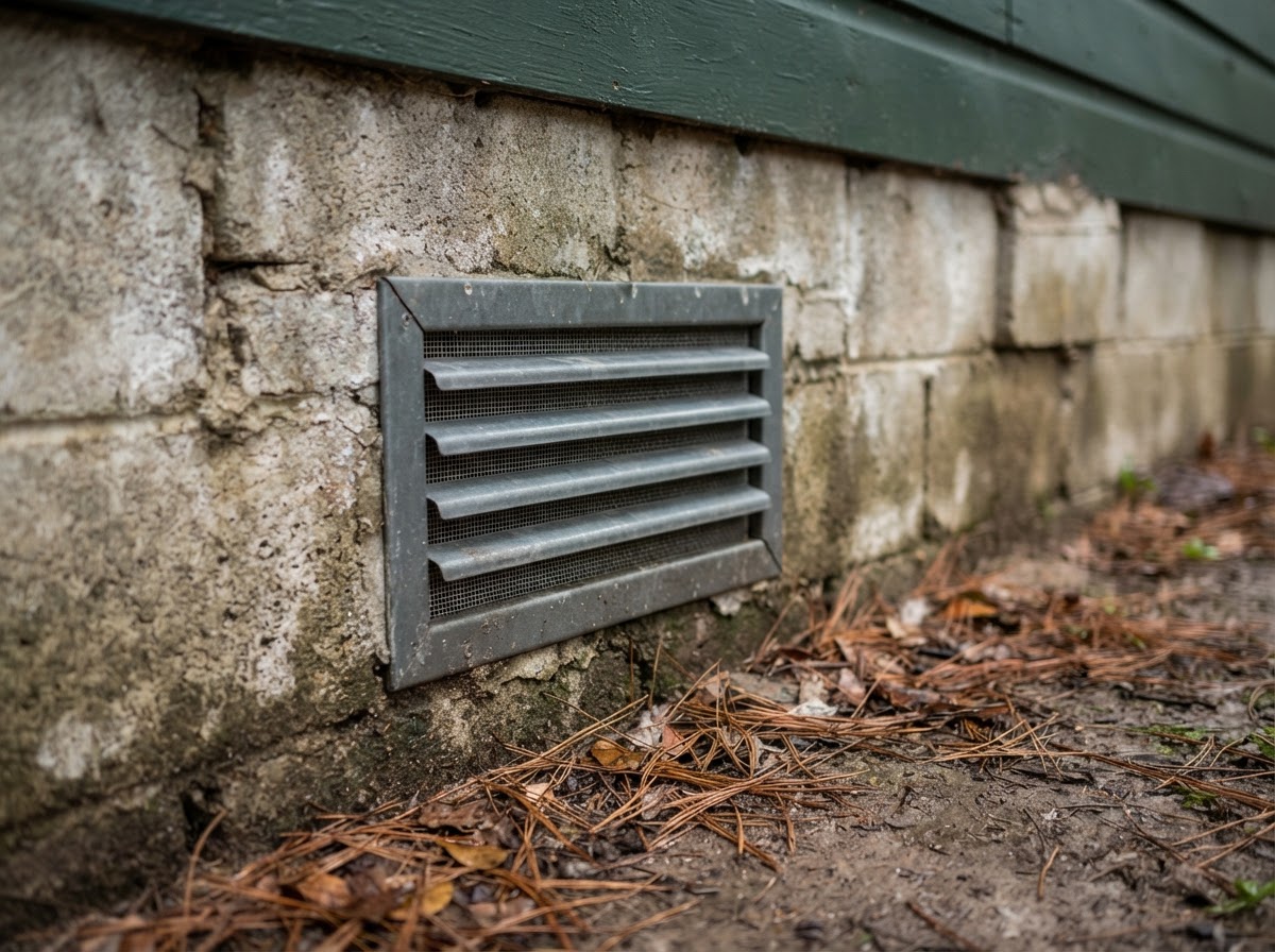 Foundation flood vent built into the concrete crawlspace wall of a raised residential home.