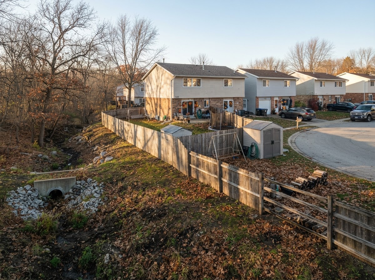 Suburban backyard edge showing a drainage culvert and riprap near a residential property line.