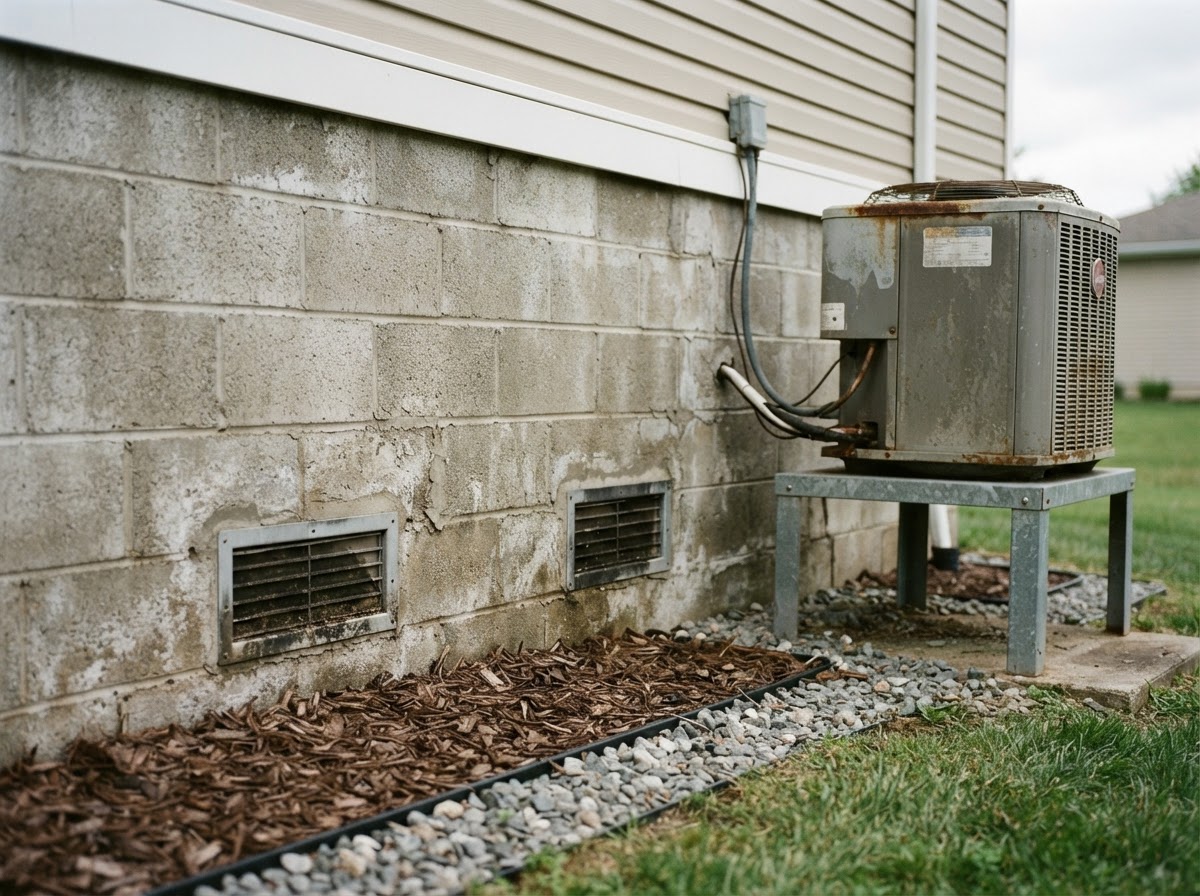 Engineered flood vent installed in a concrete home foundation near an elevated AC unit.