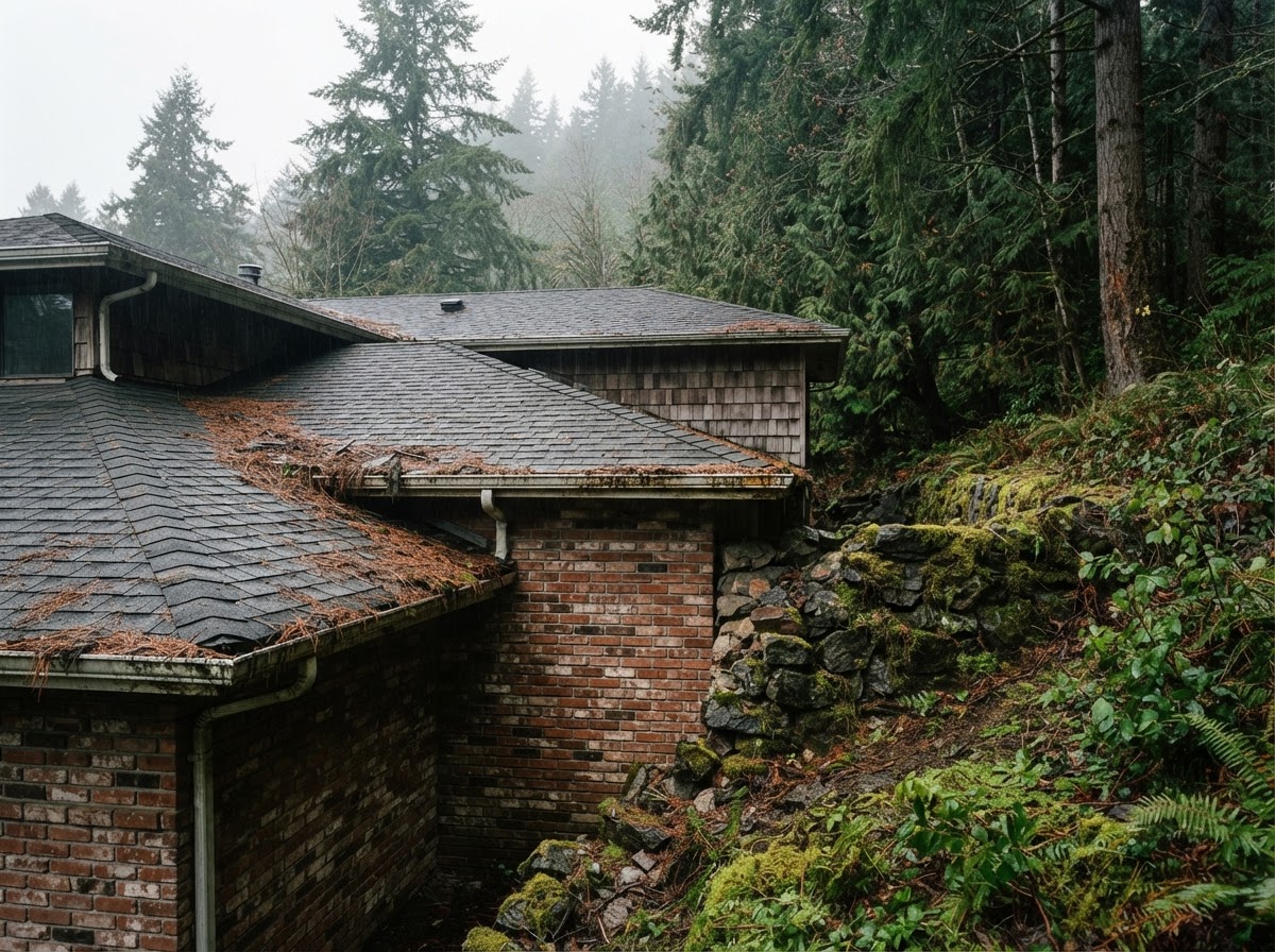 Asphalt shingle roof and gutters filled with dry pine needles next to a forested hillside.
