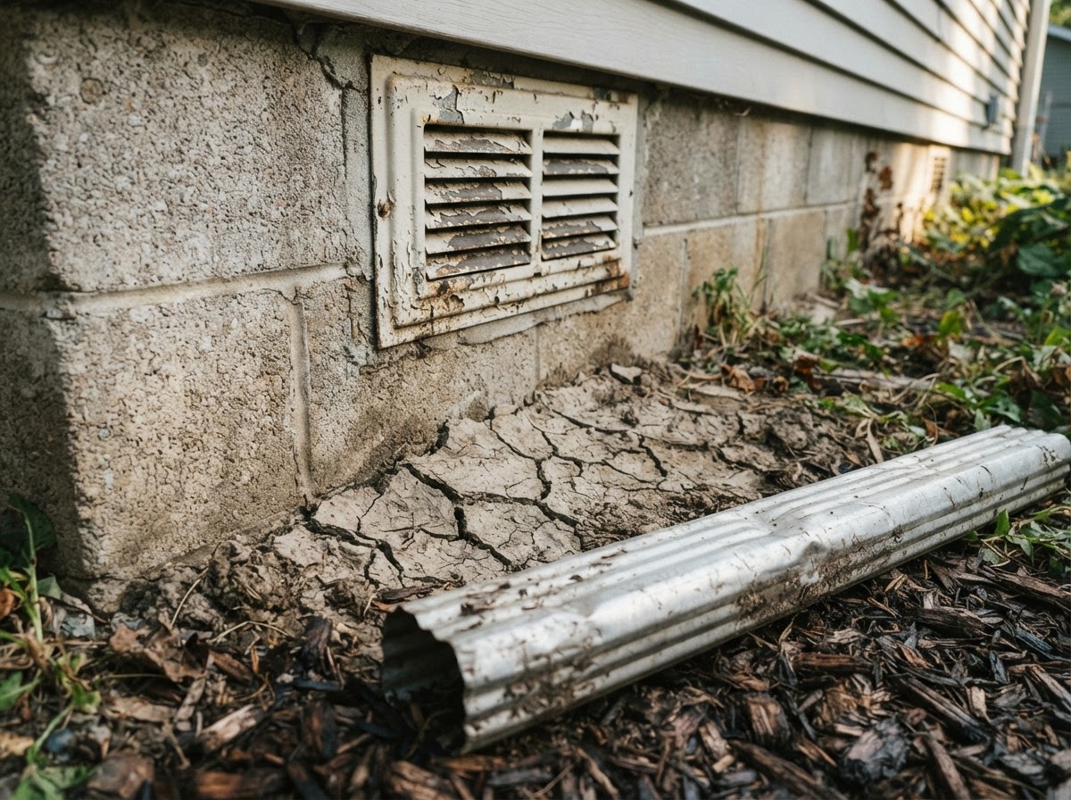 Crawlspace foundation vent set close to ground level with a disconnected gutter downspout nearby.