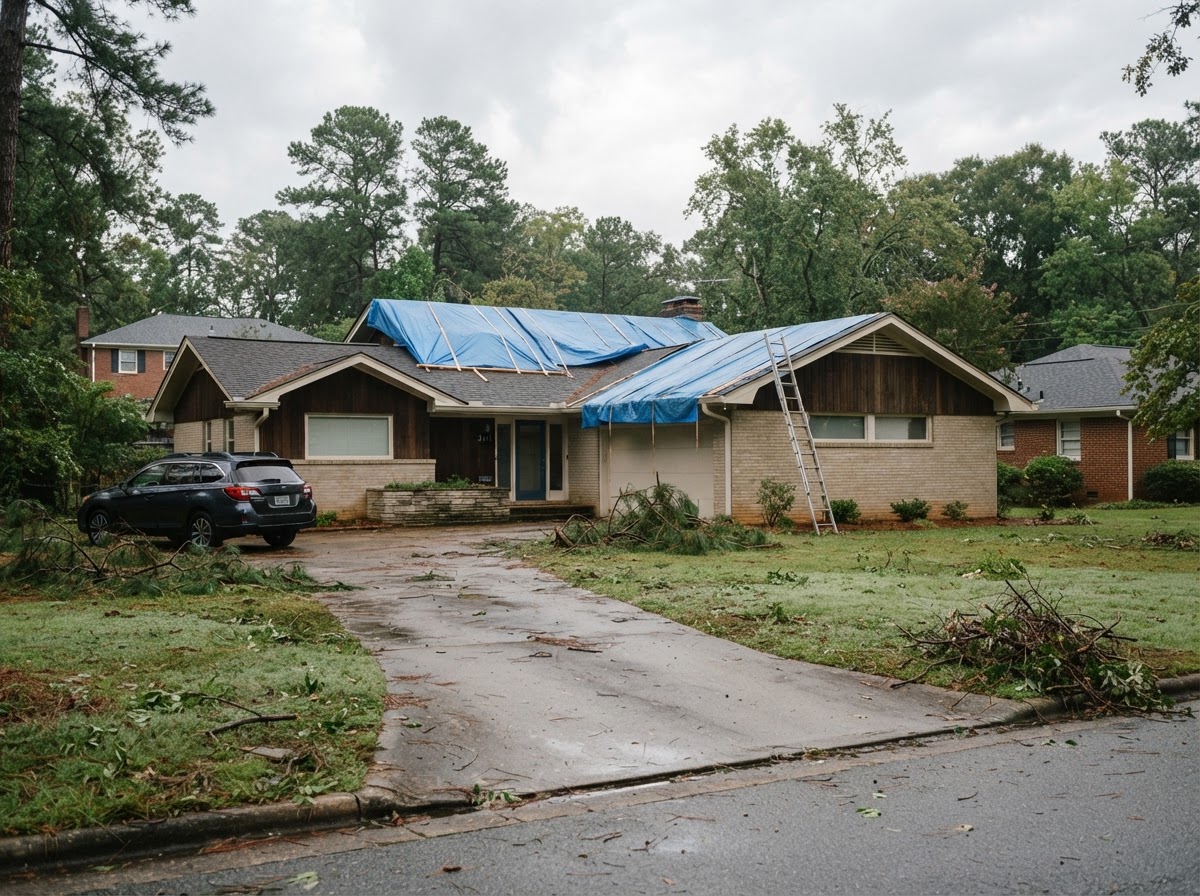 Suburban house roof covered with blue emergency tarps following wind and storm damage.