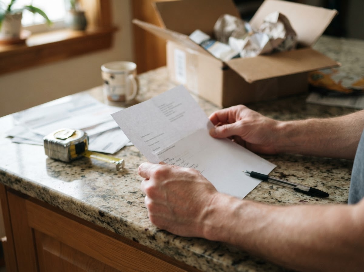 Close-up of a person checking details on a printed insurance policy document at a kitchen counter.