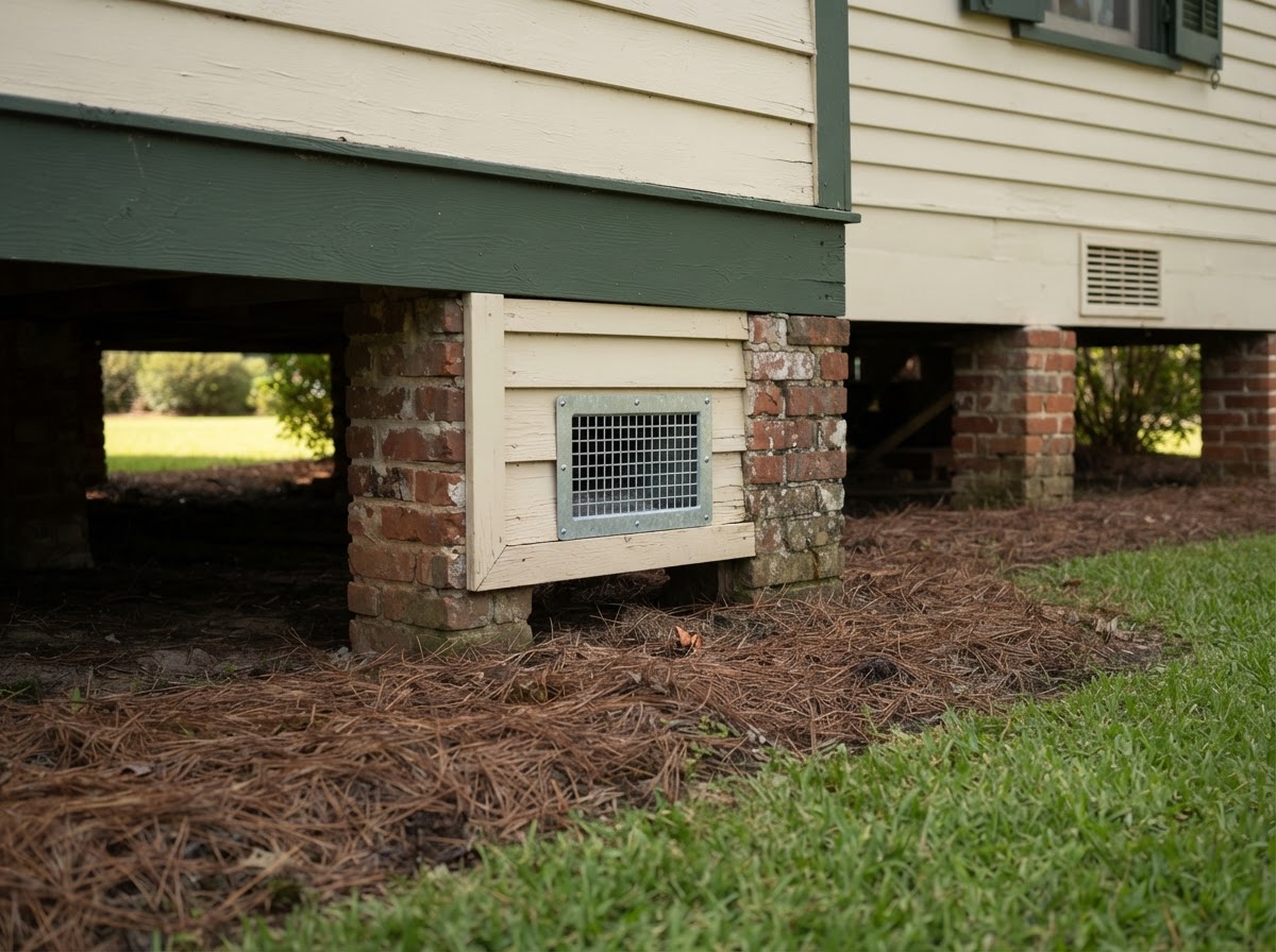 Crawlspace flood vent built into the brick foundation of an elevated single-family home.