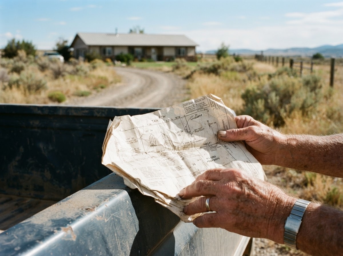 Property boundary survey held outside near the driveway of a semi-rural home surrounded by dry vegetation.