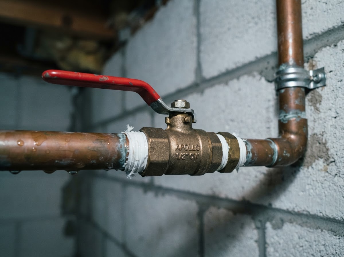 Main brass water shutoff valve with a red handle on an incoming copper pipe in a home basement.