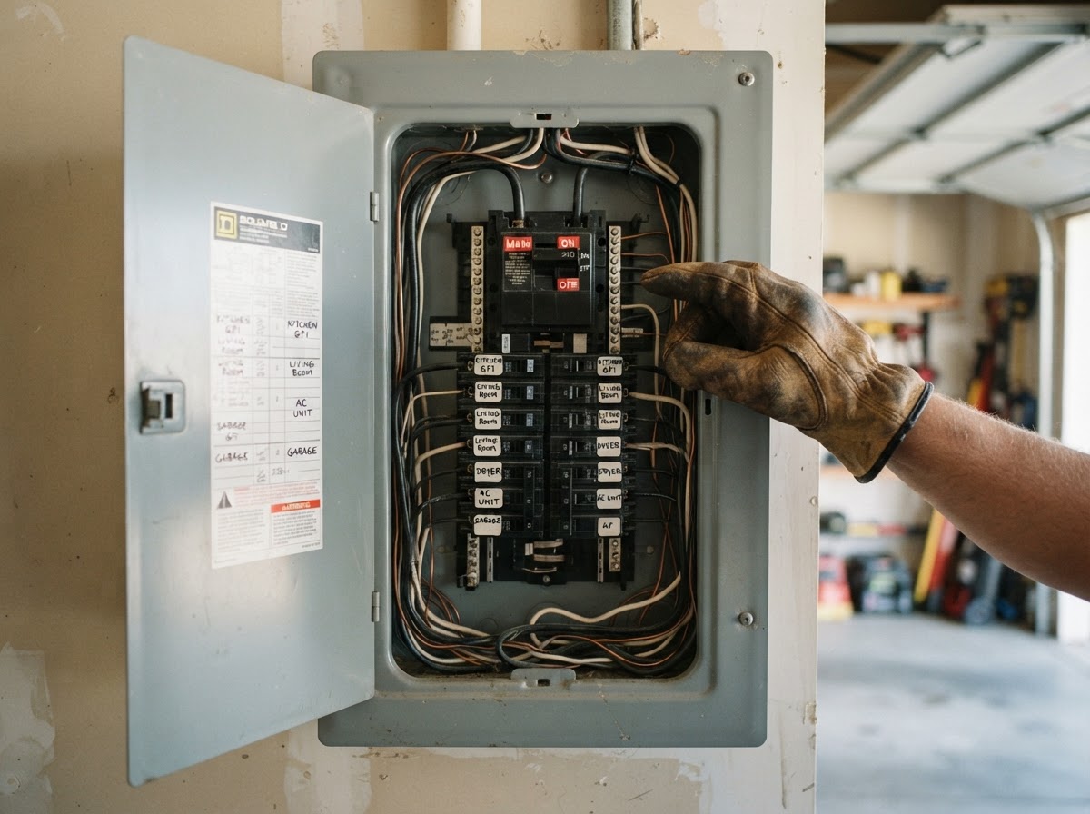 Gloved hand switching off the main service disconnect breaker inside a residential electrical panel.