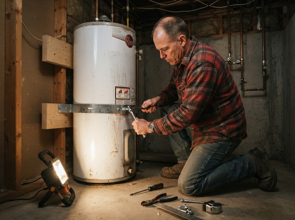 A person tightening seismic restraint straps onto a home water heater with a socket wrench.