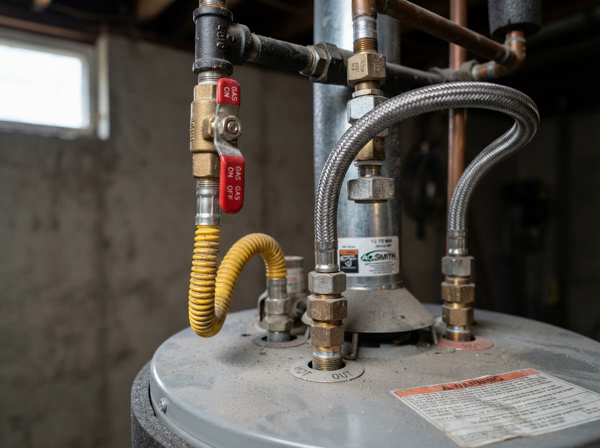 Close-up of flexible corrugated gas and water supply lines installed on top of a secured water heater.