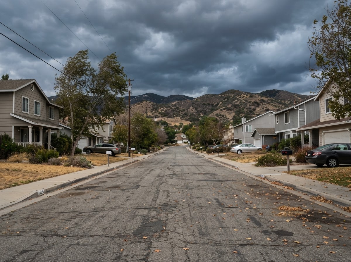 Residential neighborhood with two-story frame homes bordering a dry hillside landscape.