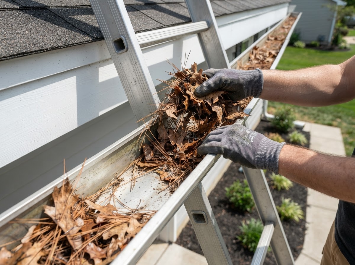 Homeowner clearing dry pine needles and debris from clean aluminum gutters along a roofline.
