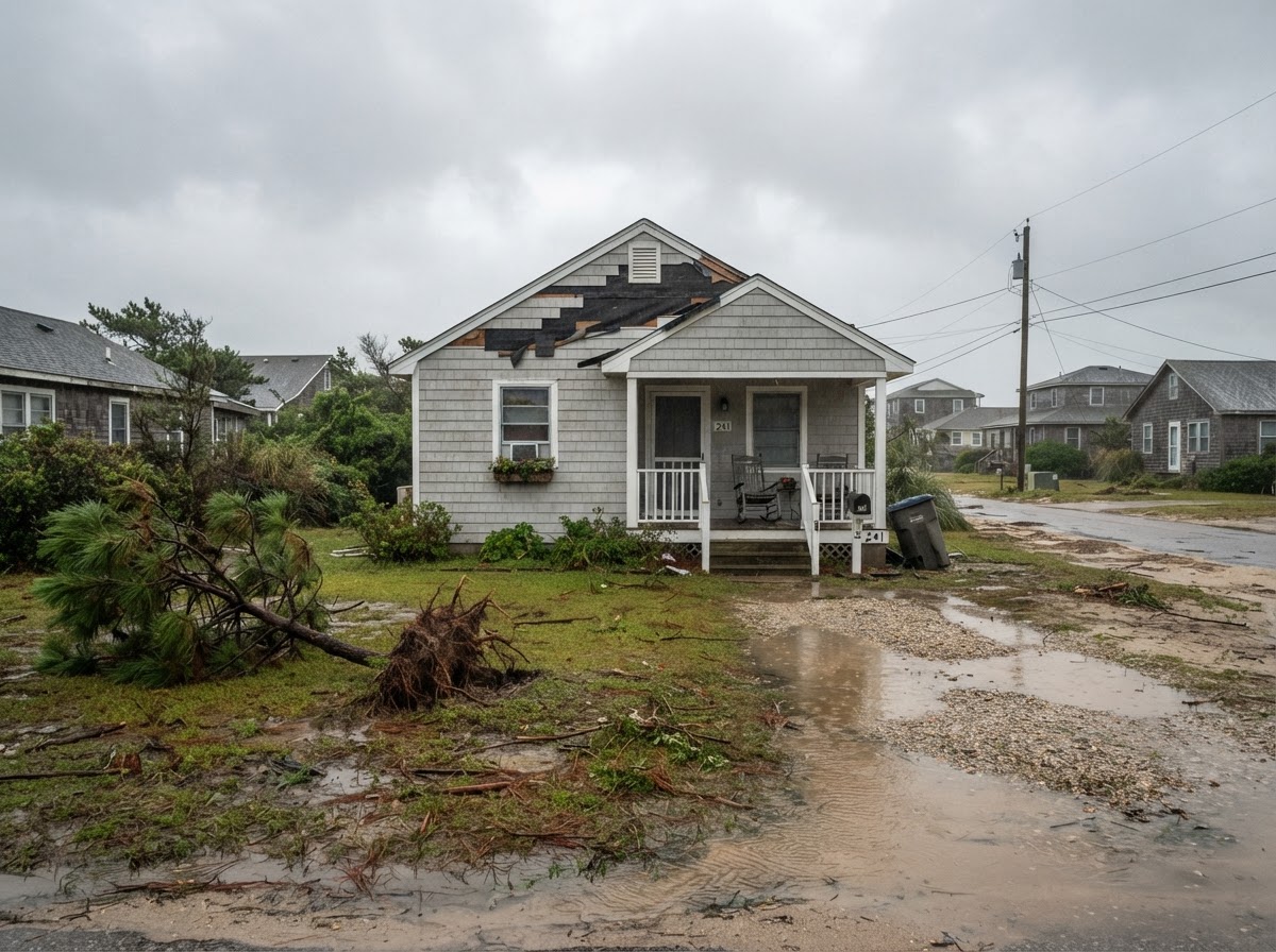 A coastal cottage showing moderate roof shingle loss and a downed yard tree following tropical storm winds.