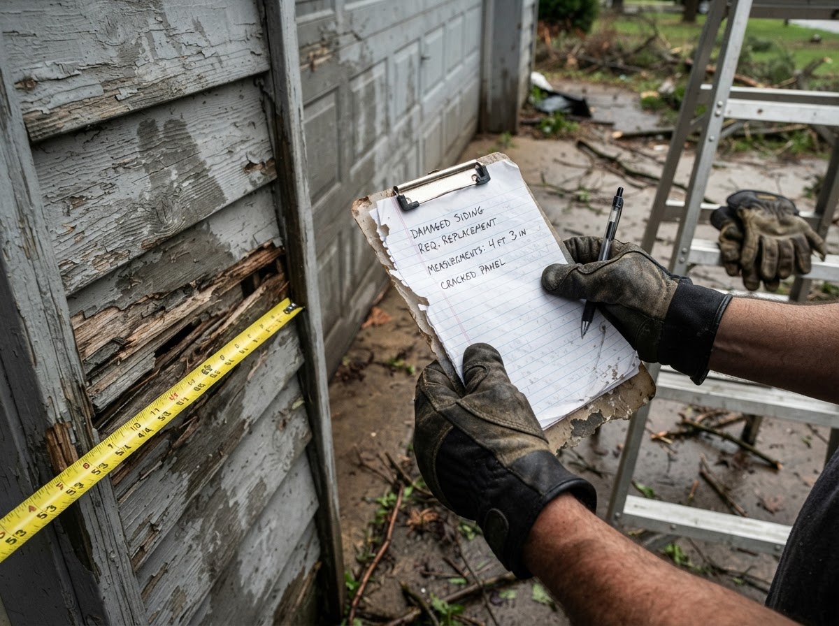 Homeowner measuring exterior wind damage on a residential garage door after a major storm.