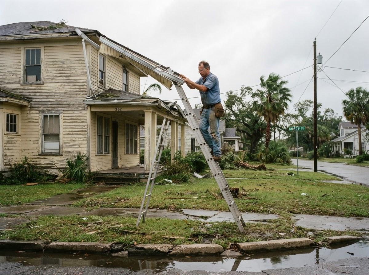 Homeowner inspecting wind-damaged gutters and soffits on a two-story home after a storm.