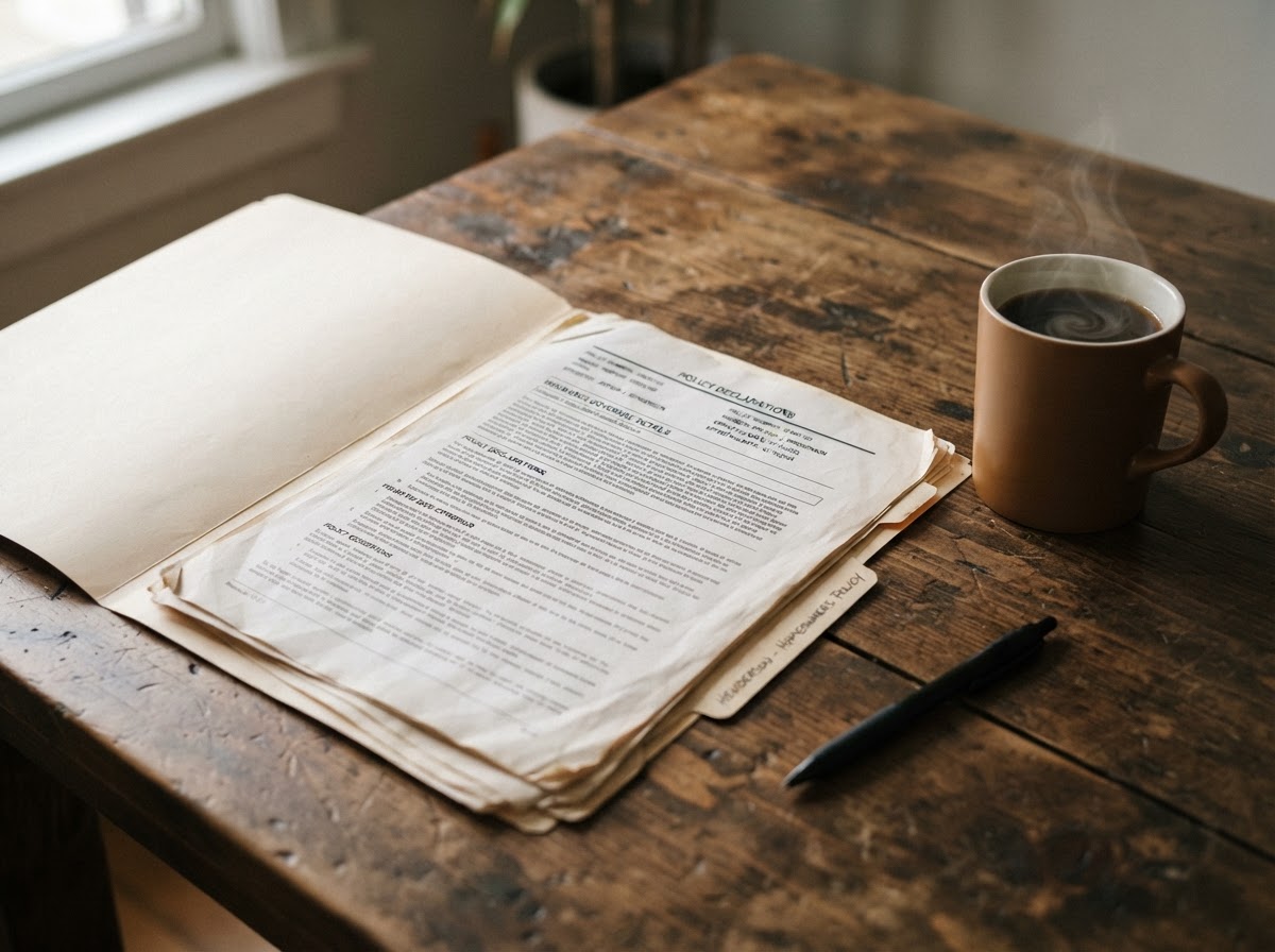 Insurance policy documents and a pen laid out on a kitchen table near a window.