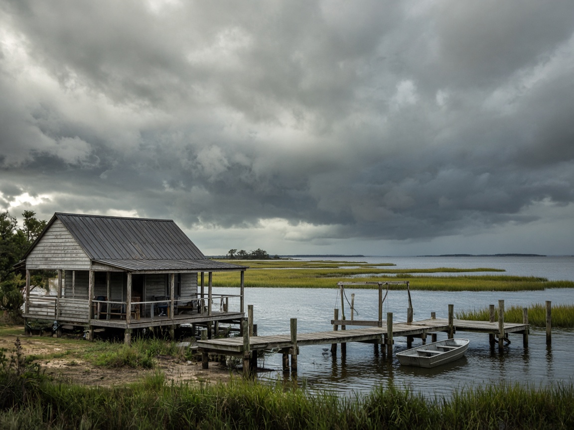 Gulf fishing camp and marsh under threatening tropical clouds