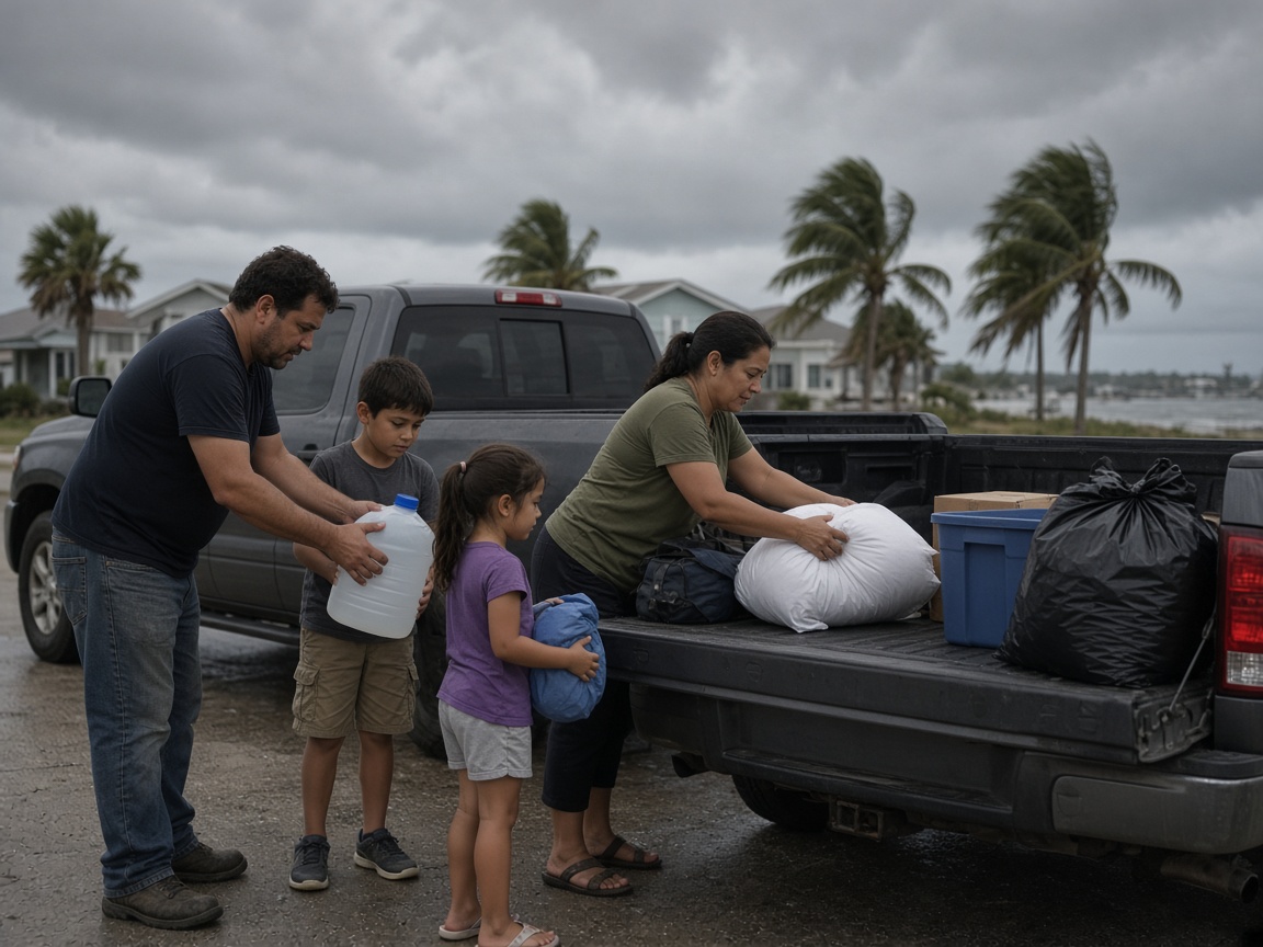 Gulf Coast family loading a pickup with supplies before a hurricane