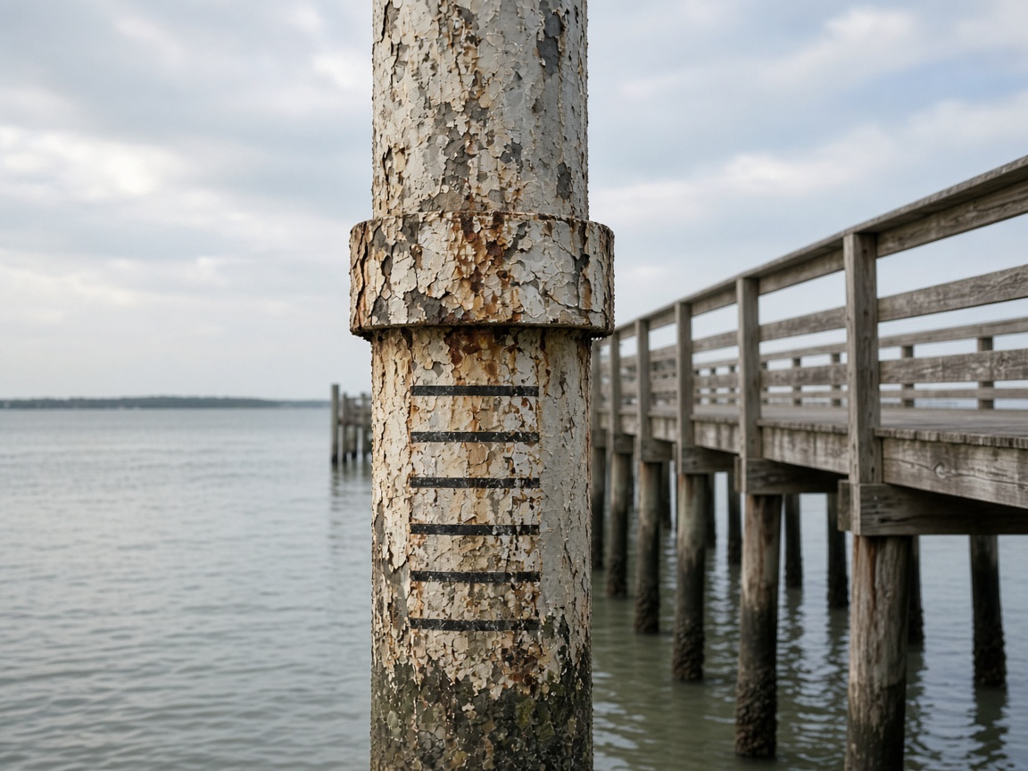 Weathered tide gauge post on a Gulf Coast pier