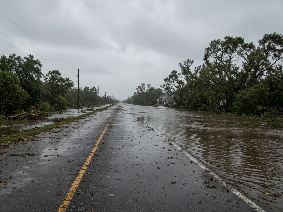 Flooded low-lying Gulf Coast road after a tropical system