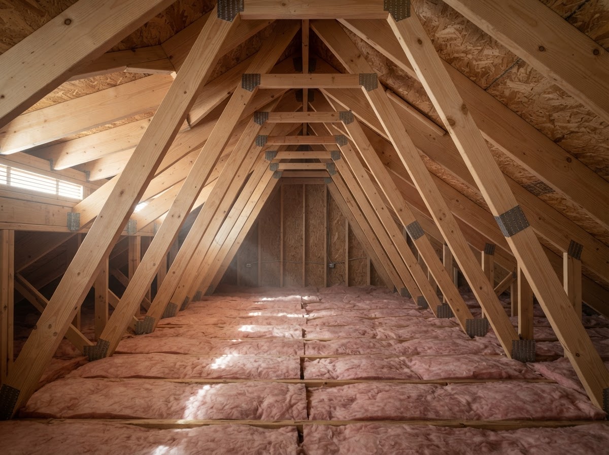 Residential attic framing showing galvanized hurricane ties connecting roof trusses to wall plates