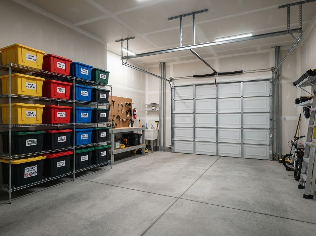 Reinforced garage door with vertical bracing posts installed and emergency supplies elevated on shelving