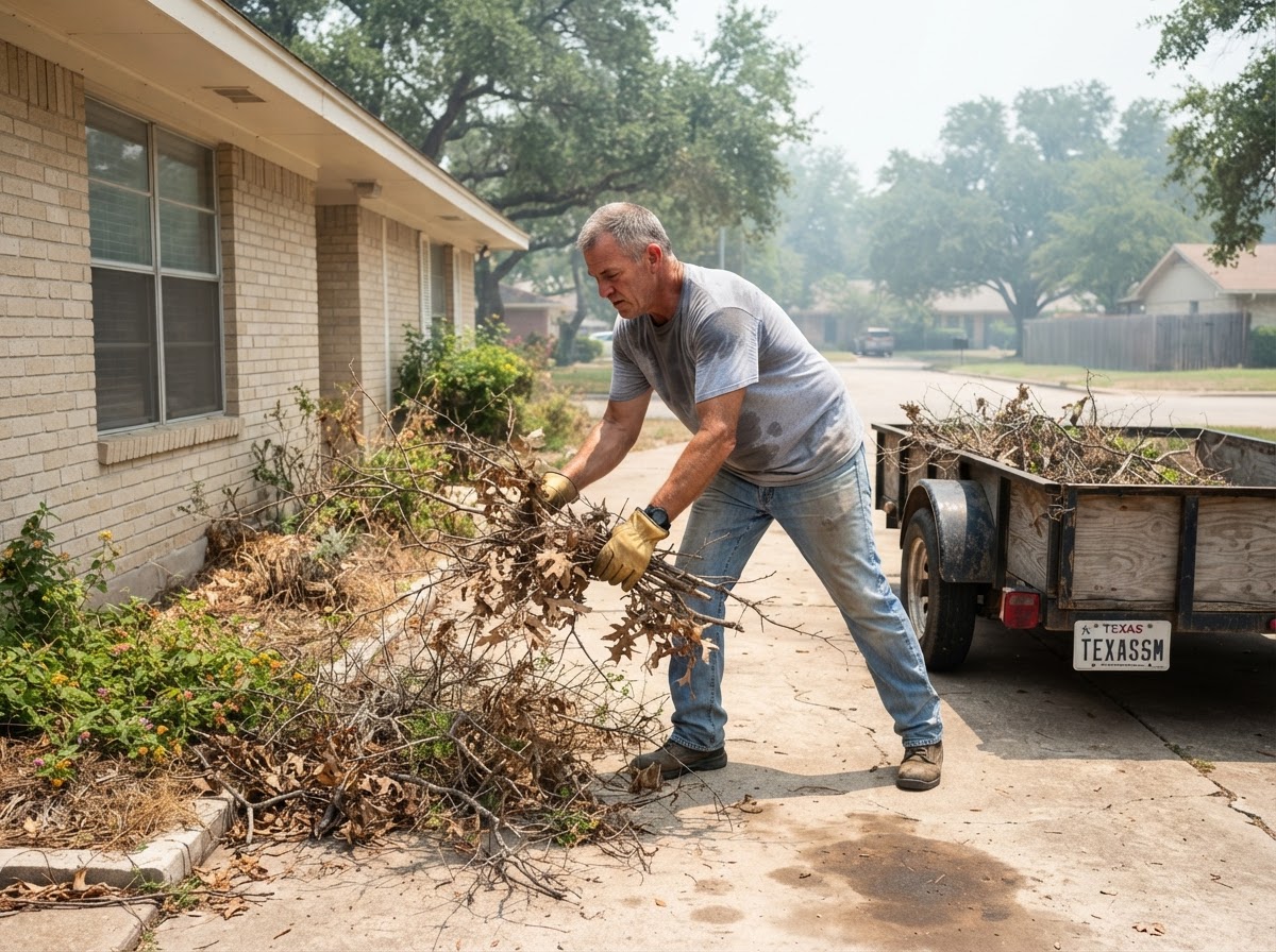 Homeowner clearing yard debris and trimming tree branches away from a house foundation.
