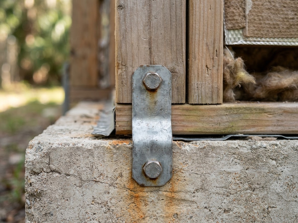 Close-up of a galvanized steel hurricane tie connecting a home frame to the concrete foundation.