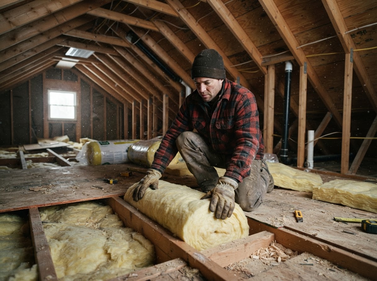 Homeowner laying thick pink fiberglass insulation along the floor joists of an unfinished attic.