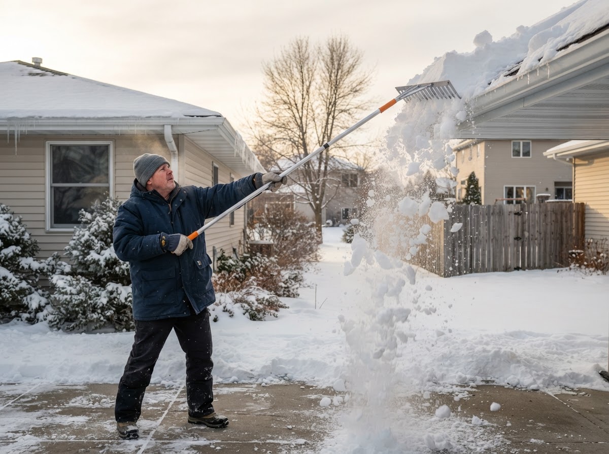 Long aluminum roof rake pulling deep snow away from the lower edge of an asphalt shingle roof.