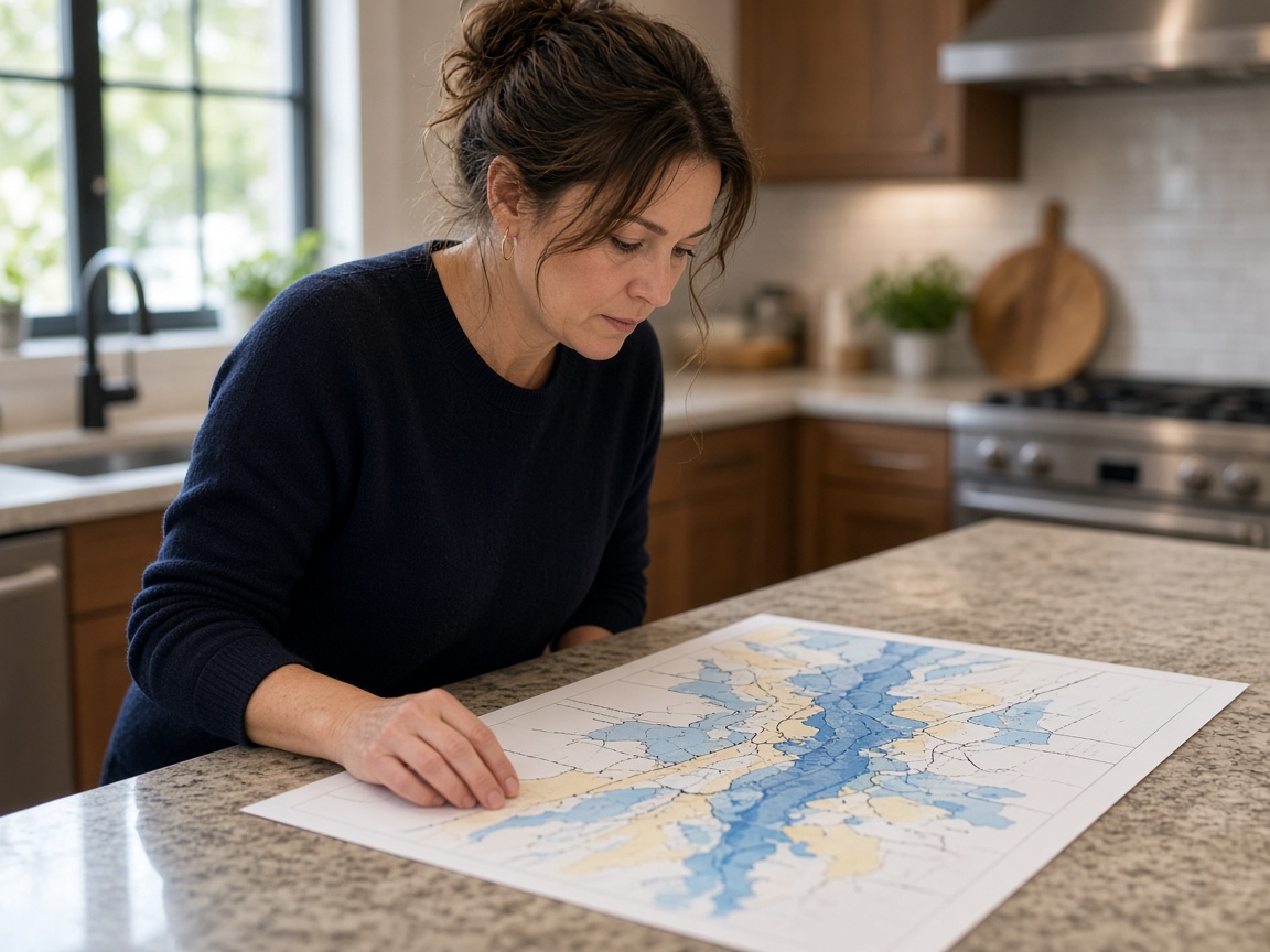 Homebuyer reviewing a printed flood map at a kitchen island