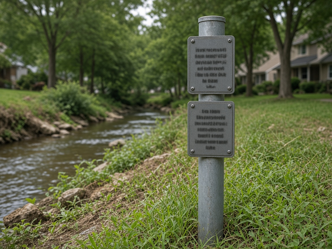 Floodplain marker post beside a suburban creek