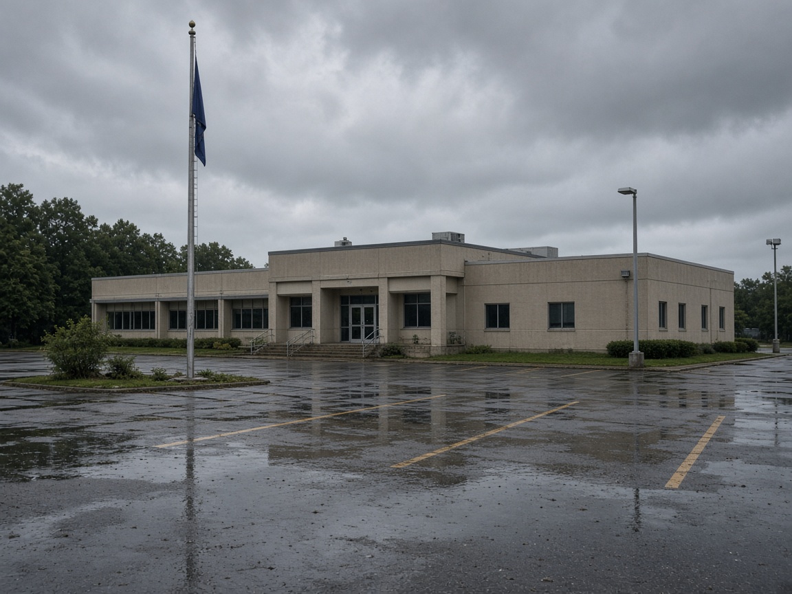 Gulf Coast emergency-management building under heavy overcast skies