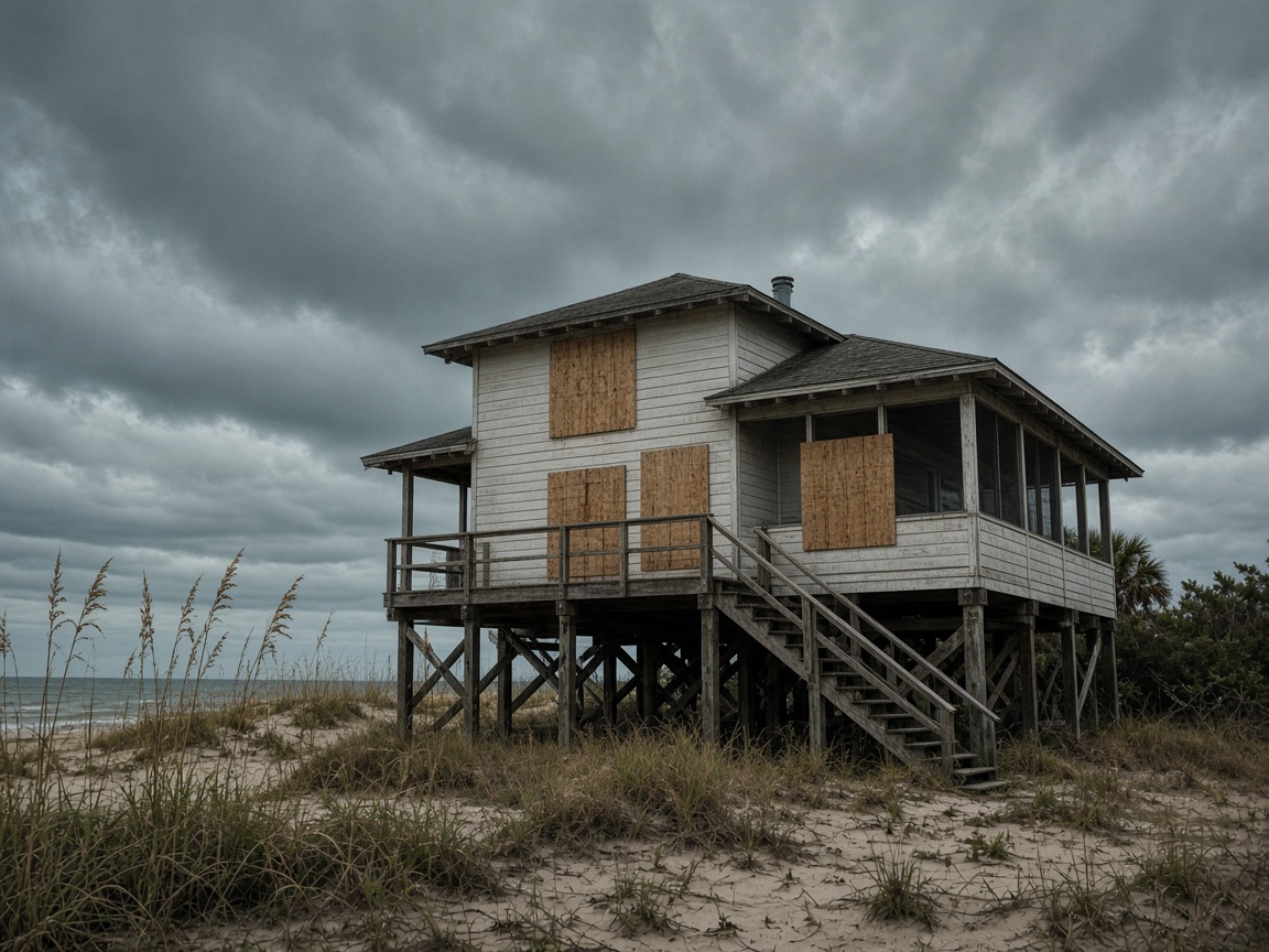 Boarded-up Florida beach cottage on stilts under a dark storm sky
