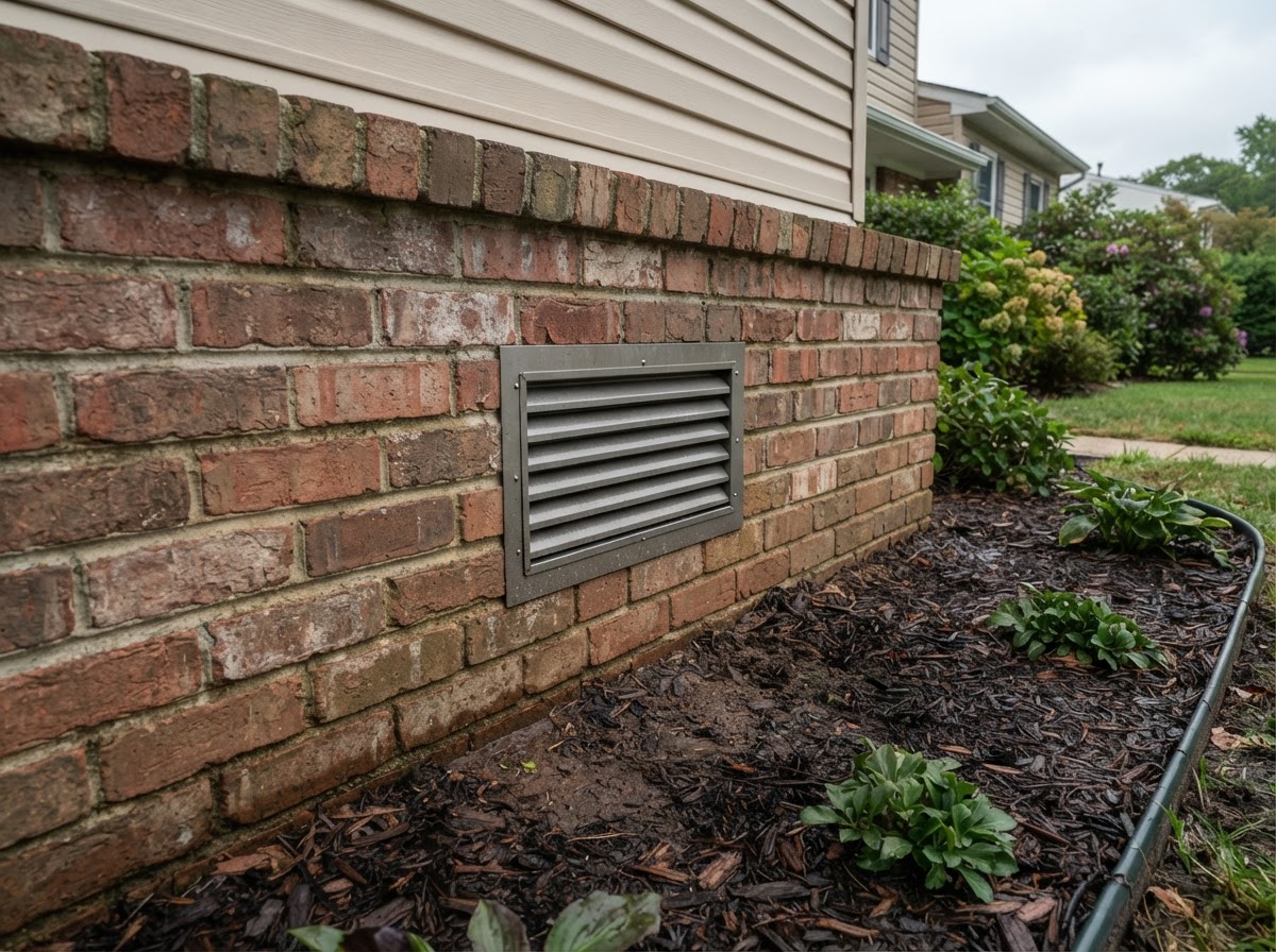 An engineered flood vent installed into the low brick foundation wall of a residential house.