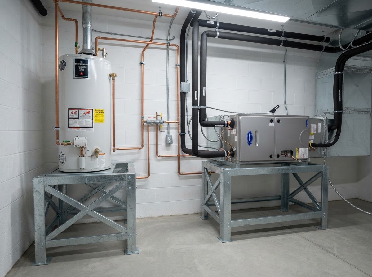 A home water heater and HVAC mechanical unit elevated above floor level on steel stands.